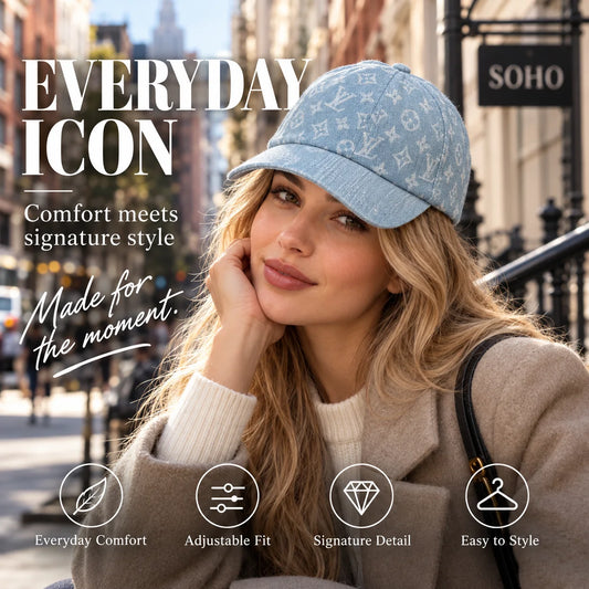 Louis Vuitton Denim Monogram Baseball Cap worn in a premium lifestyle setting
