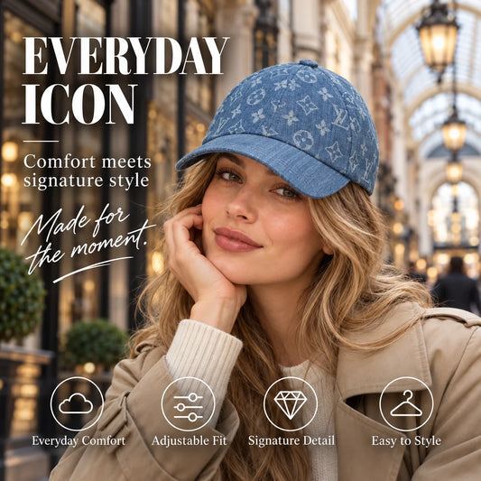 Louis Vuitton Denim Monogram Baseball Cap worn in a premium lifestyle setting