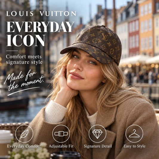 Louis Vuitton Monogram Leather Baseball Cap worn in a premium lifestyle setting