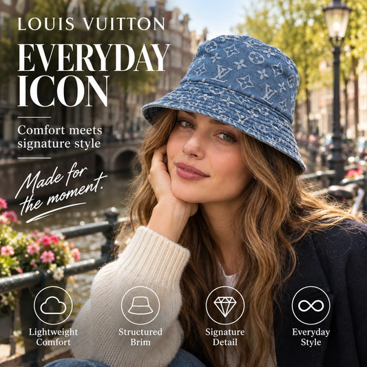 Louis Vuitton Denim Bucket Hat worn in a premium lifestyle setting