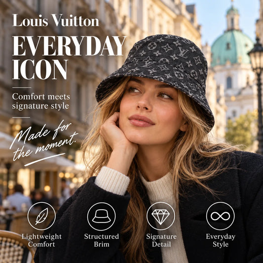 Louis Vuitton Denim Bucket Hat worn in a premium lifestyle setting