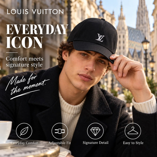 Louis Vuitton Embroidered Baseball Cap worn in a premium lifestyle setting