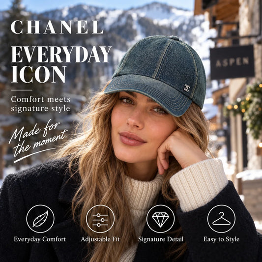 Chanel Denim Baseball Cap worn in a premium lifestyle setting