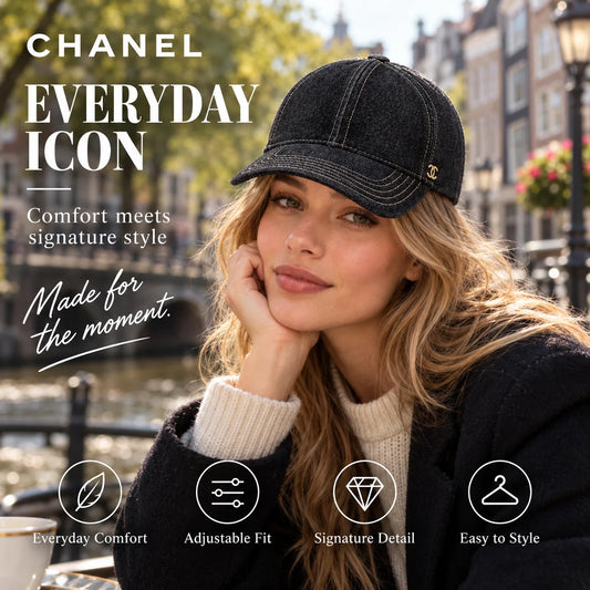 Chanel Denim Baseball Cap worn in a premium lifestyle setting