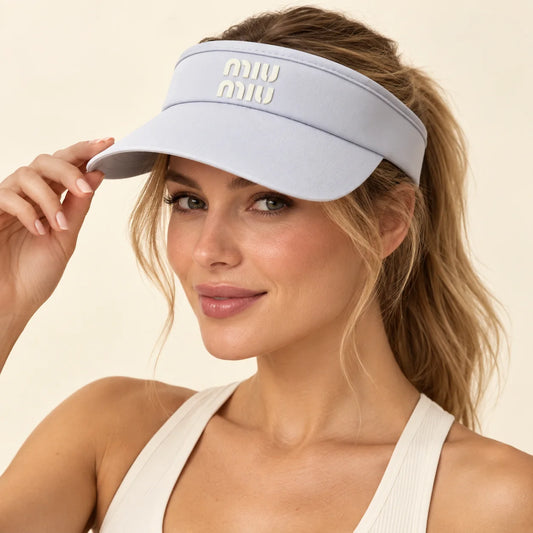 Model wearing visor on head